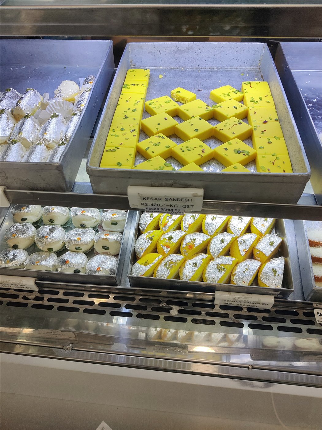A display of assorted Indian sweets